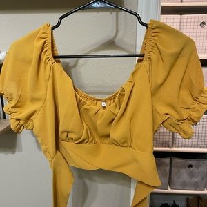 amazon yellow cropped back tie blouse